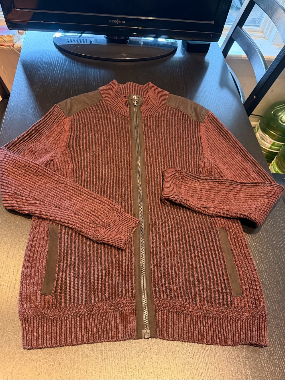 Vintage Maroon Ribbed Zip-Front Women's Sweater Jacket